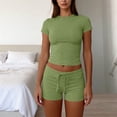 thumbnail image 5 of Chbgutlmr 2 Piece Sets for Women Casual Summer Fitted Outfits Short Sleeve Crew Neck Crop Tops Drawstring Shorts Comfy Basic Plain Set, 5 of 6