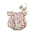 thumbnail image 1 of Baby Girls Spaghetti Strap Rompers Floral Print Backless Jumpsuit with Headband, 1 of 6