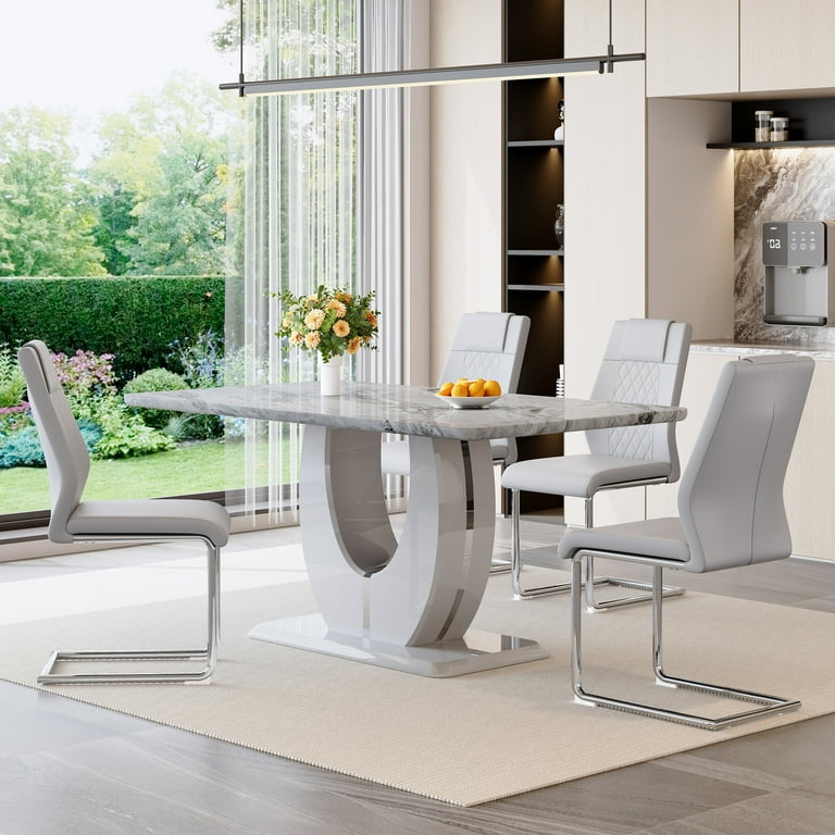 JUFU 63'' Gray Faux Marble Dining Table Set for 4, Modern