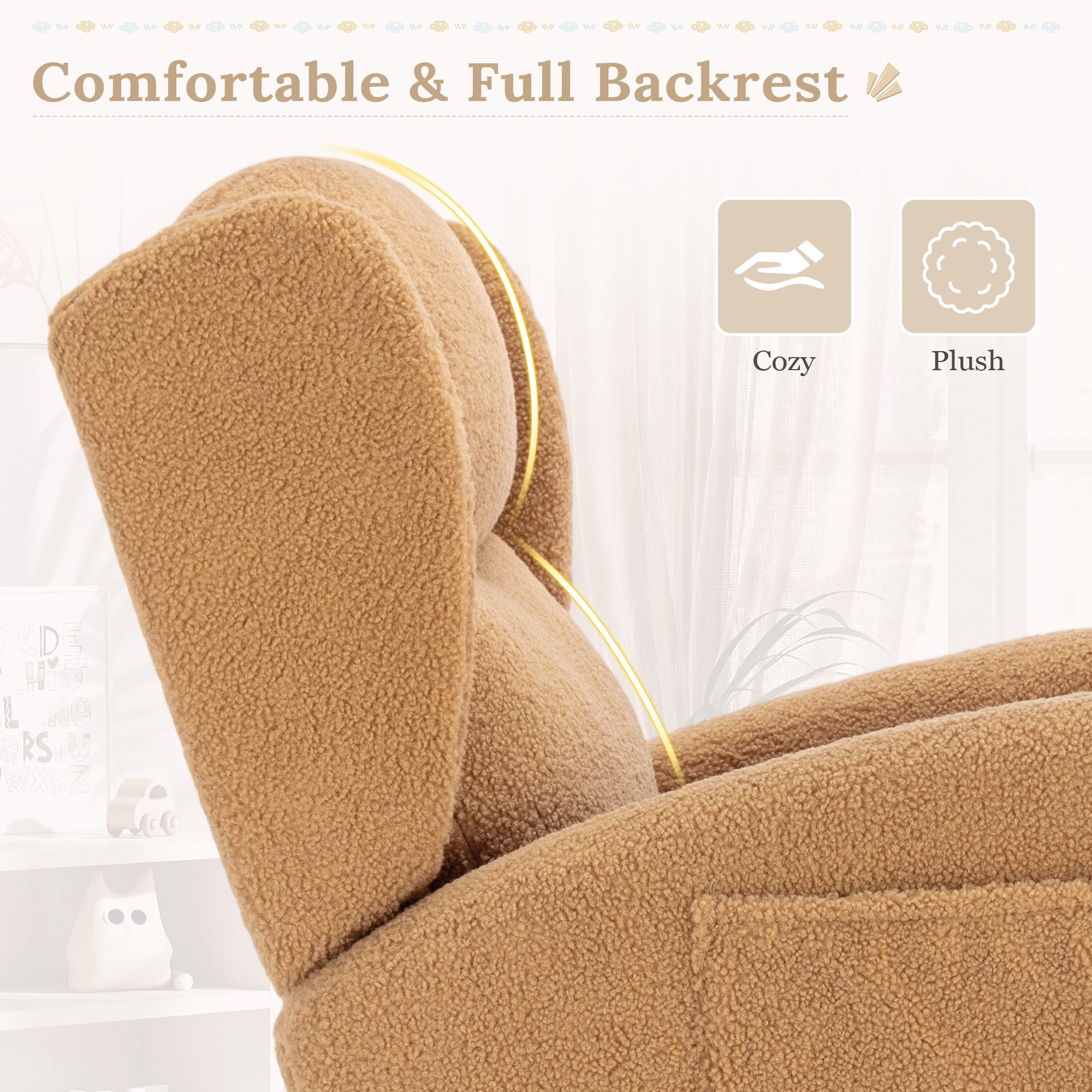 Muumblus Nursery Rocking Chair, Wingback Glider Rocker, Indoor Uphlostered Rocking Chair, Khaki Teddy