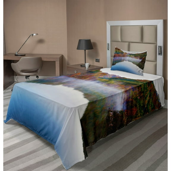 Ambesonne Colorful Fitted & Top Sheet Set with Sham, Lake Mountain Scenery, Multicolor