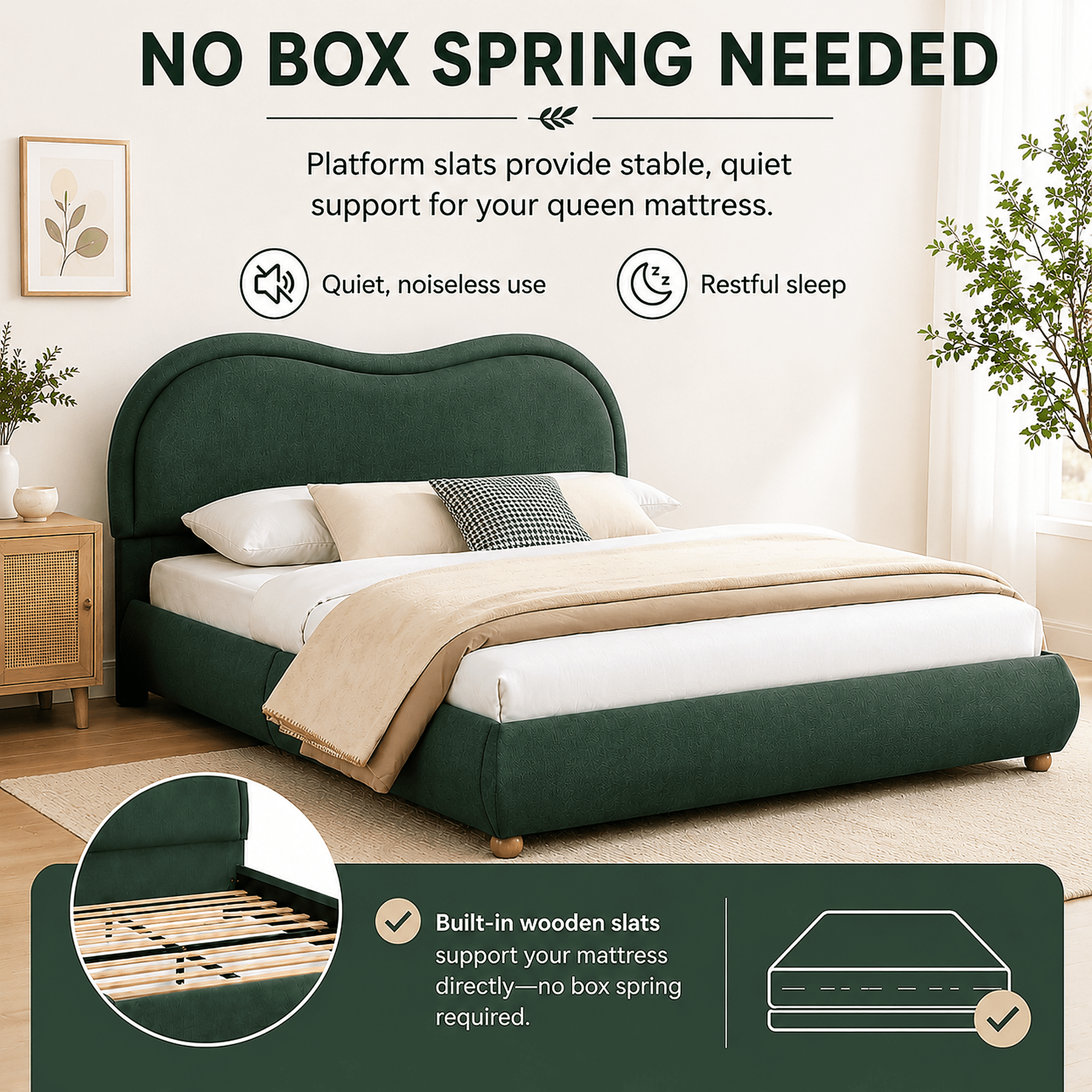 Miniyam King Bed Frame with Curved Headboard, Green Chenille Upholstered Platform Bed with Wooden Slats