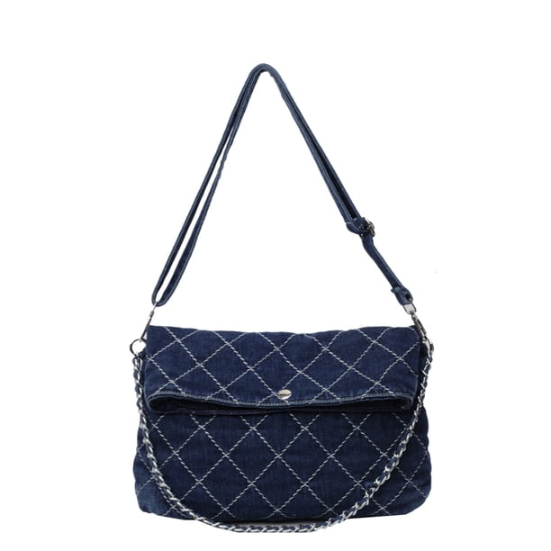 Bolso Hombro Mujer Kuymtek Denim Diamond Lattice Tote Bag Gran Capacidad Acolchado Correa Ajustable