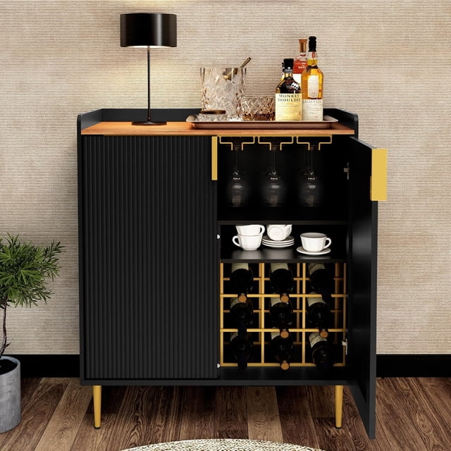 Ourlova Side board Buffet Cabinet with Fluted Texture Modern Coffee Bar Cabinet with Wine Rack Drawers Black Liquor Cabinet for Kitchen Dining Room Living Room