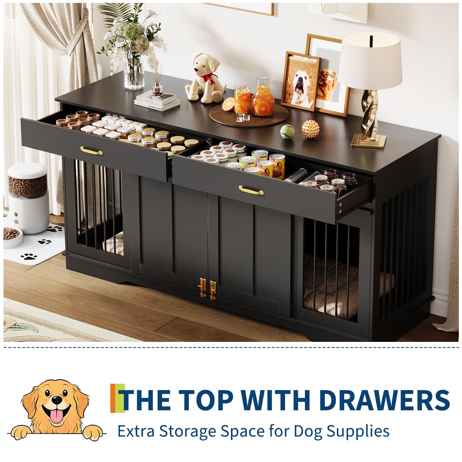 71" Dog Crate TV Stand for 2 Large Dogs, Extra Large Double Dog Kennel Furniture with 2 Drawers and 2 Lockable Sliding Doors, Wooden Furniture Dogs Crate for Indoor Home Living Room（ship in 2 boxes）