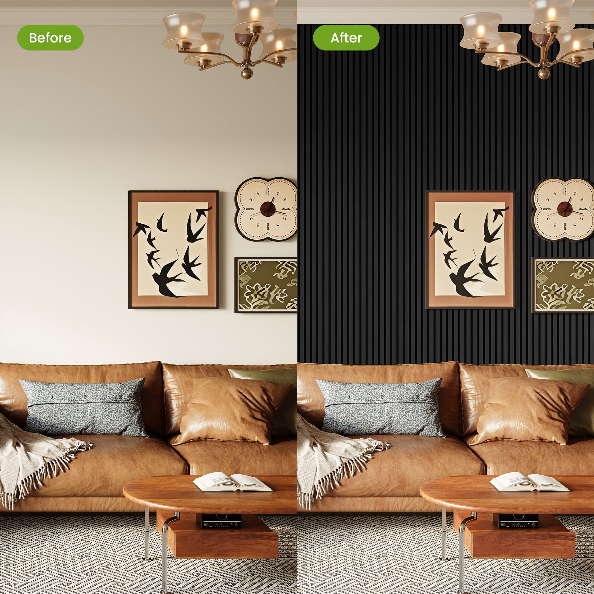 Easy4Home 2Pcs 106"x20.5" Wood Slat Acoustic Wall Panels, 3D Fluted Soundproof Decorative Panels for Interior Walls, Black Oak