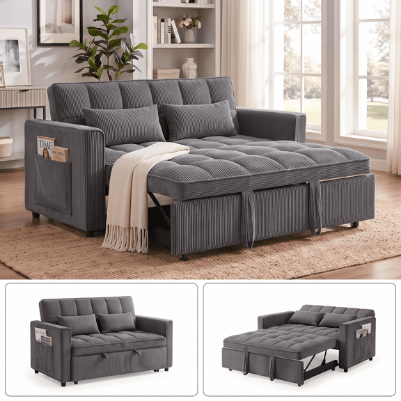 Xiweot 54" Sleeper Sofa Bed, Convertible Pull Out Couch for Living Room Apartment, Corduroy Futon Loveseat Sleeper with 2 Pillows, Adjustable Backrest & Side Pockets, Easy Assembly (Gray)