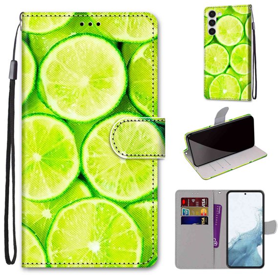 SaniMore Painted Wallet Case Compatible with Galaxy S23 Plus 5G, Stylish PU Leather Shell Magnetic Closure Shockproof Kickstand Case with Wrist Strap for Samsung Galaxy S23 Plus, Green Lemon