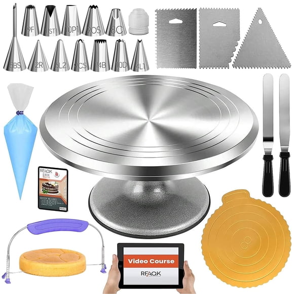 RFAQK Ensemble de 50 Plateaux Tournants pour Gâteaux - Support à Gâteaux Tournant en Aluminium de 12 Pouces - Kit de Fournitures de Décoration de Gâteaux Professionnel avec Droites et Décalées