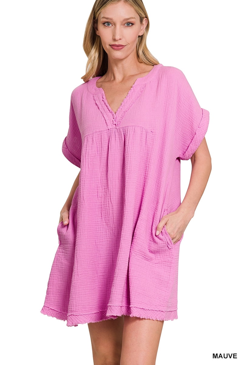 Zenana Women & Plus Relaxed Fit Gauge Rolled Short Sleeve Raw Edge Mini