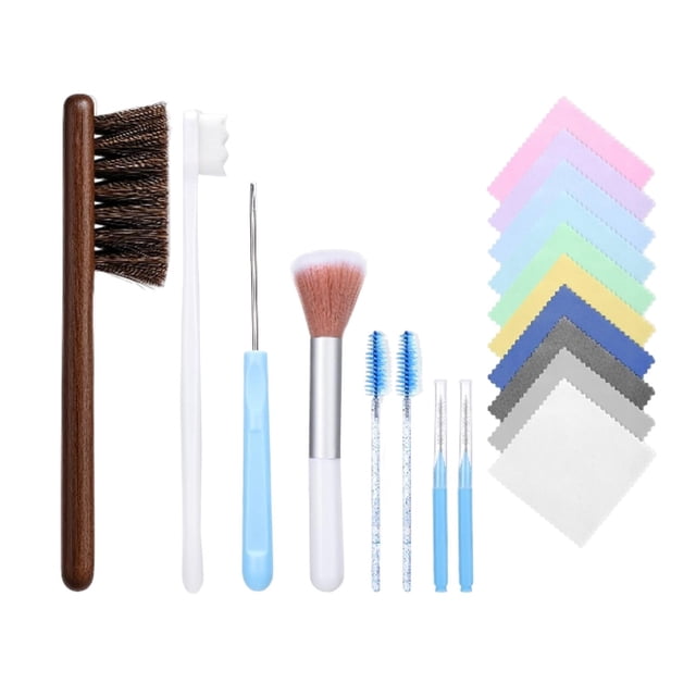 Kit de limpieza de joyas de 18 piezas: cepillo para grietas, alfiler, paño de profesional, herramienta limpiadora para pendientes, diamantes y