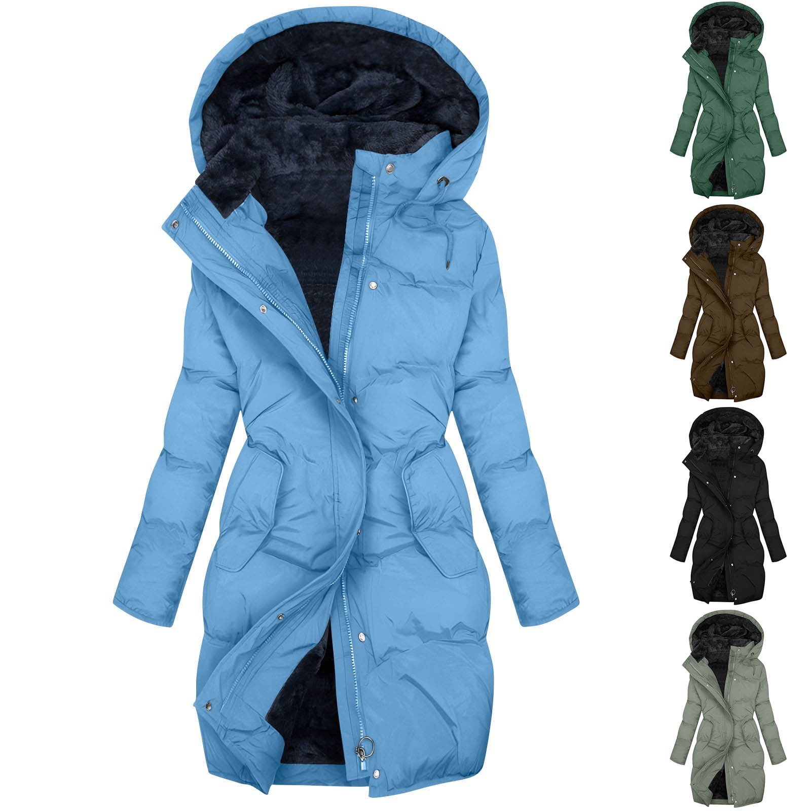 YOIAVAIOY Winter Coats for Women Plus Size Long Zip Up Puffer Coat Thicken Warm Parka Jackets Outerwear with Hood Blue XXL
