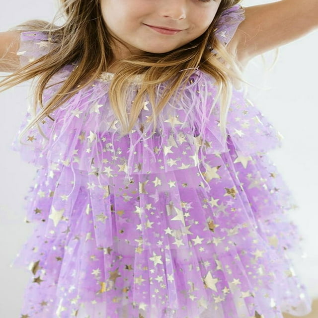 Robe de Princesse pour Tout-Petites Filles Étoiles Paillettes Manches Volantées Robe à Volants à Étages Vêtements d'Été Robe de Concours Robe de Fête