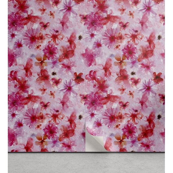 Ambesonne Flowers Vintage Peel & Stick Wallpaper for Home, Floral Design Spots, 13"x36", Dark Pink Pastel Purple