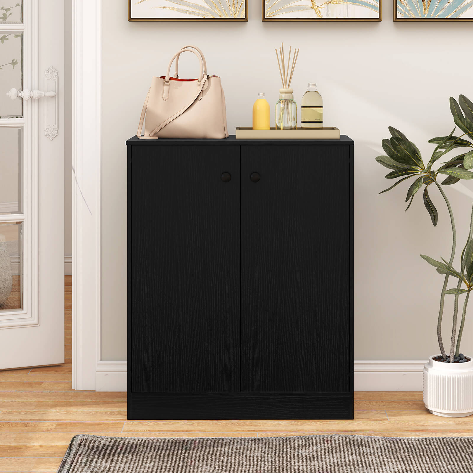Costway 2-Door Storage Cabinet Freestanding Storage Organizer with 3-Tier Shelf Entryway Black