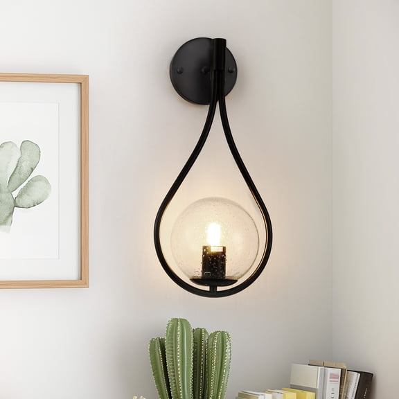 YANSUN 7.9 in. 1-Light Black Modern Globe Wall Sconce with Seeded Glass Shade, Contemporary Wall Light for Living Room, Bedroom