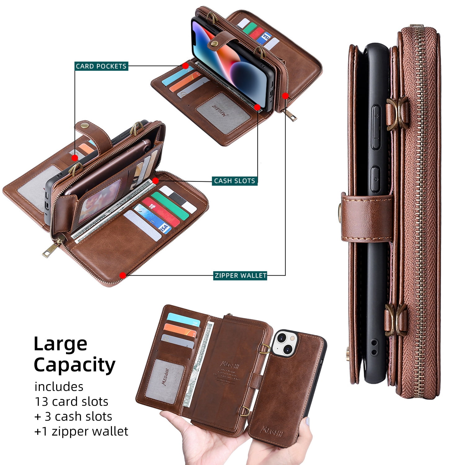 ELEHOLD Flip Wallet Case for iPhone 14 PU Leather Purse Case with Large Capacity 13 Card Slots Zipper Pocket Kickstand Magnetic Detachable Case Cross Body Shoulder Strap Shockproof Protective,Brown