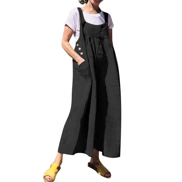Gibobby Mono Corto Informal Pantalones de pierna ancha sueltos casuales de color sólido para mujer Mono de tirantes de tamaño(Negro, M)