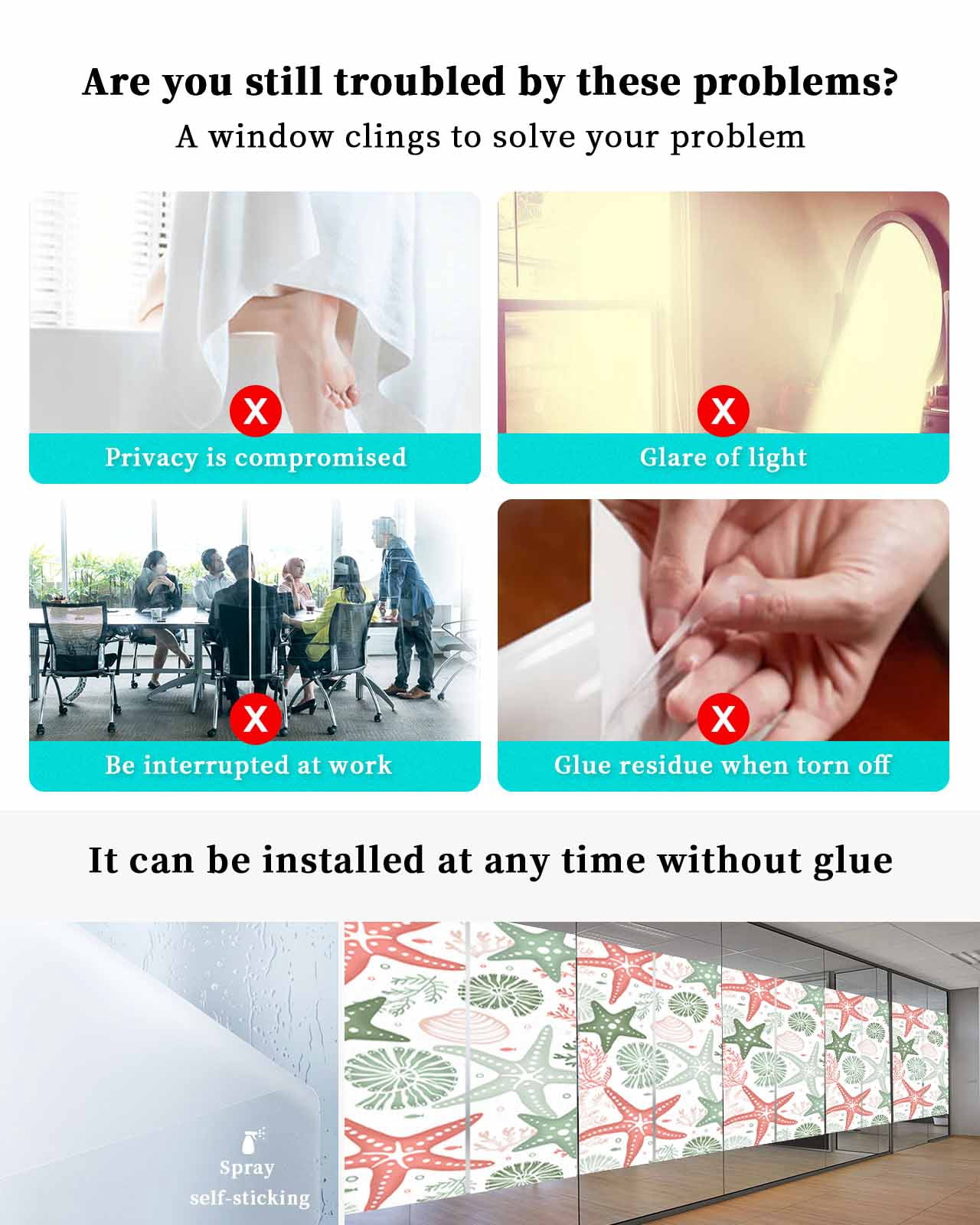 Window Privacy Film,Green Orange Coral Sun Blocking Window Tint Film Heat Control One Way Blackout Window Film,Spring Summer Coastal Starfish Beach Nautical Conch Non Adhesive Static Cling 29.5x78.7