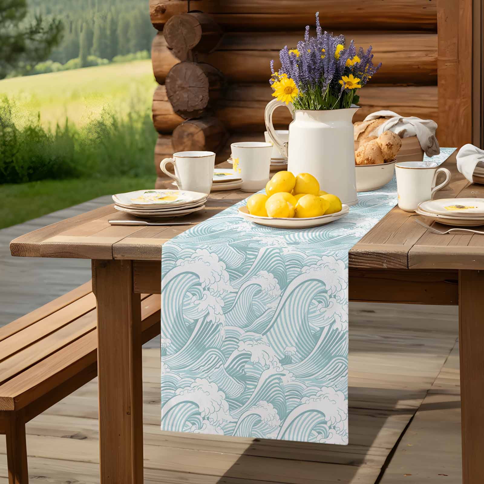 Summer Coastal Abstract Waves Table Runner 90 Inches Long, Modern Minimalist Wavy Table Runners Tabletop Scarf Kitchen Dining Tables Decoration for Home Party Indoor Outdoor