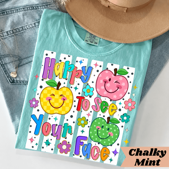 Happy To See Your Face Comfort Colors Shirt, Cute Apple Teacher Graphic Tee, Back to School Classroom Gift for Women