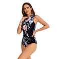 thumbnail image 4 of SWSMCLT Women's High Waisted Swimsuit Swimming Rash Guard Beach Bathing Suit Full Coverage Surf Padded Zip Curvy Black Flower XX-Large, 4 of 4