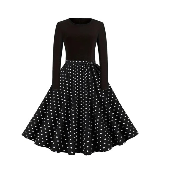 WXLWZYWL 1940s Style Dresses for Women A Line Swing Dress Long Sleeve Round Neck Retro Rockabilly Cocktail Dress Work Dress Tea Dress