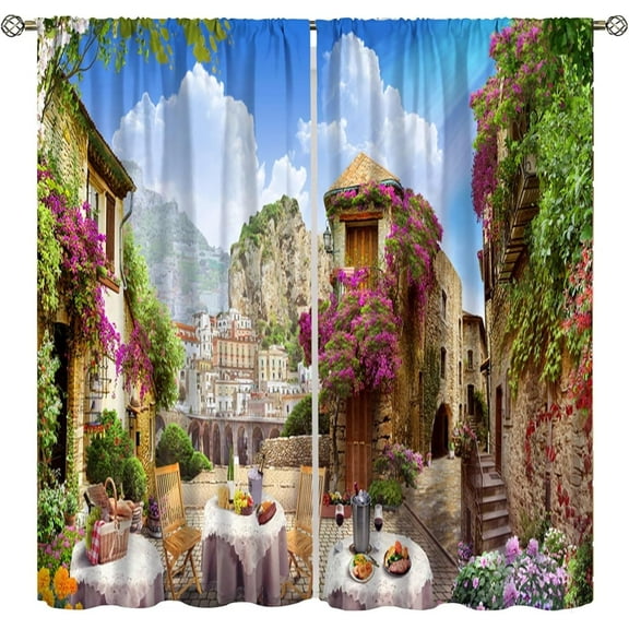 Italian Natural Scenery Country Curtain,Romantic Flowers Retro Town Landscape Print Window Drapes for Bedroom Living Room Kitchen Set 2 Panels,84x84 Inches, Style-7