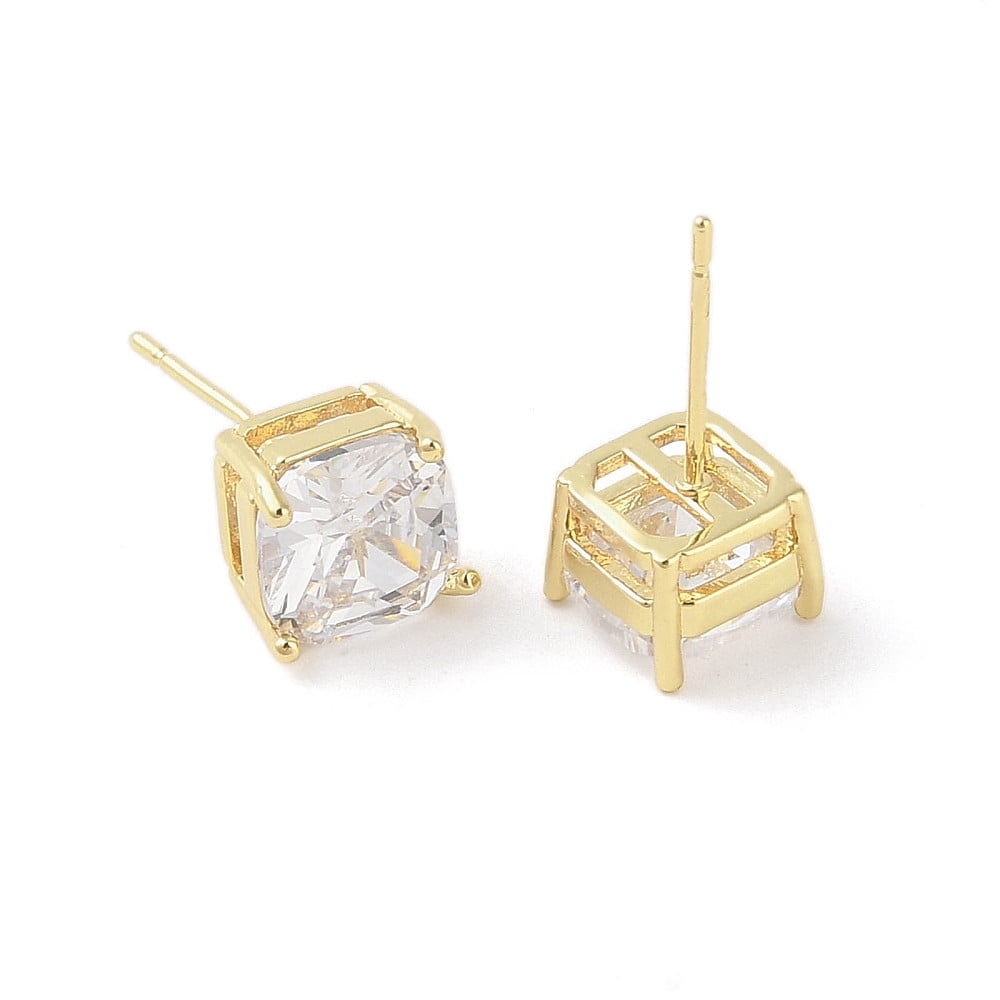 Square Brass Stud Earrings with Clear Glass for Women Real 18K Gold Plated 8x8.5mm