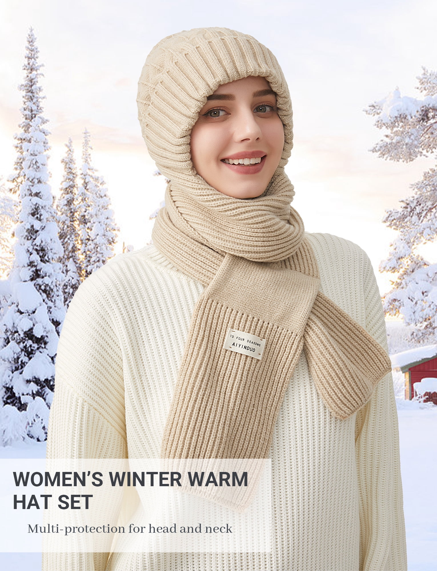 FEOYA Women Integrated Ear Protection Windproof Cap Scarf Winter Beanie Hats Scarf One-Piece Fleece Balaclava Hood Scarf Hat Warm Knitted Ski Scarf Hat Beige