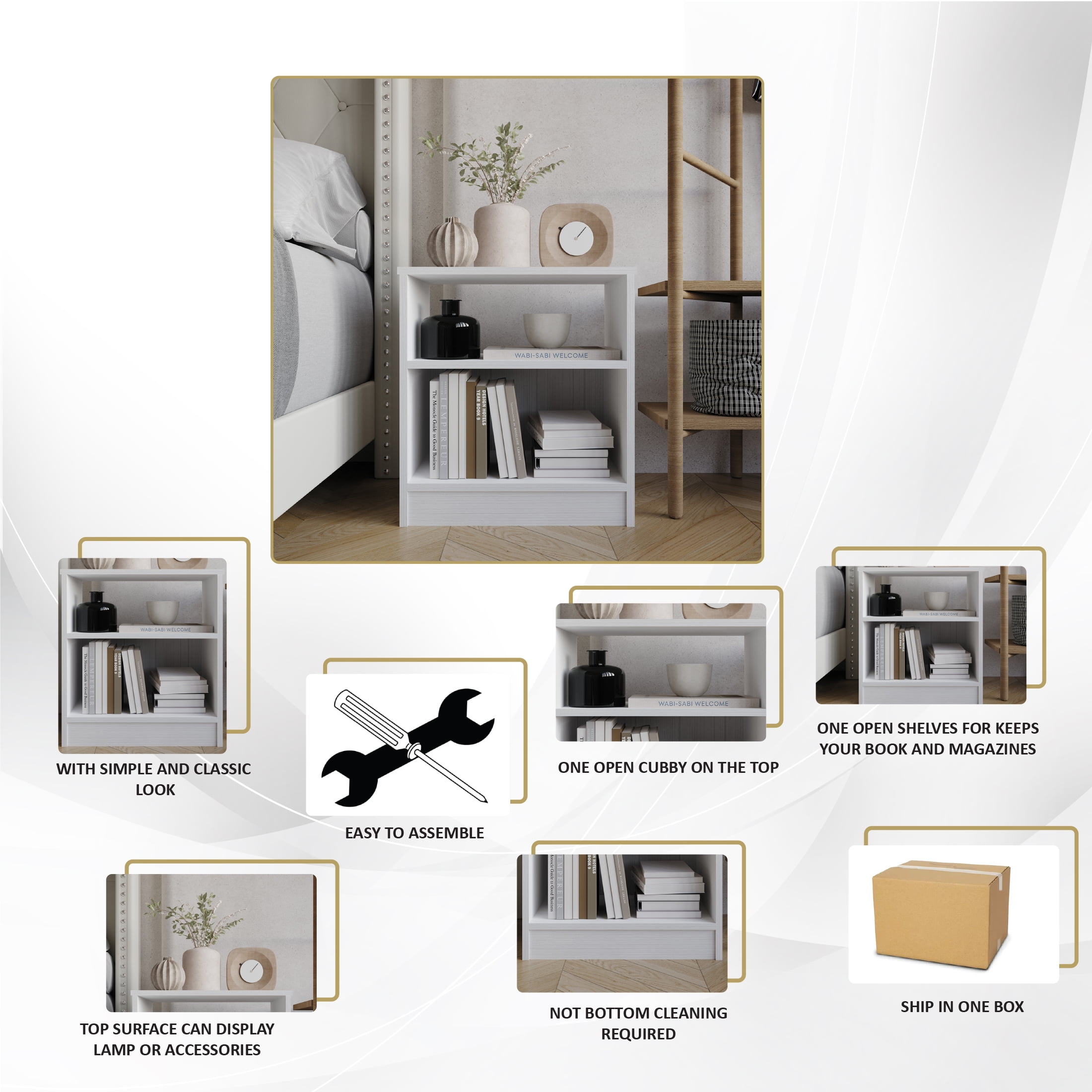 Castle Place Minimalist Nightstand with Shelf, White