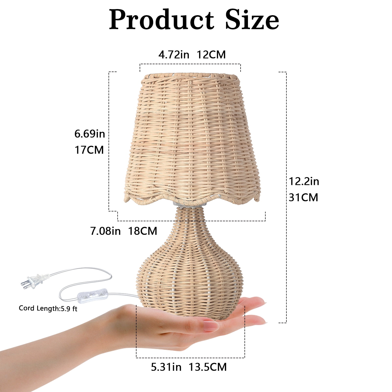 Boho Rattan Mini Table Lamp, Farmhouse Bedside Nightstand Lamp for Small Spaces, Bedroom, Dorm and Home Decor