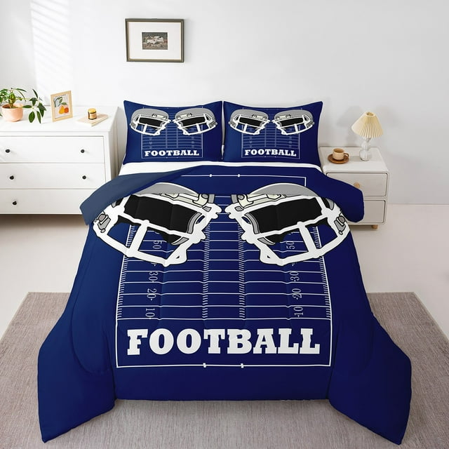 American Football Comforter Set for Boys Kids Football Bedding Full Size Teens Football Sports Game Themed Bedding Comforter Sets Rugby Printed Football Field Decor Quilt Navy Blue