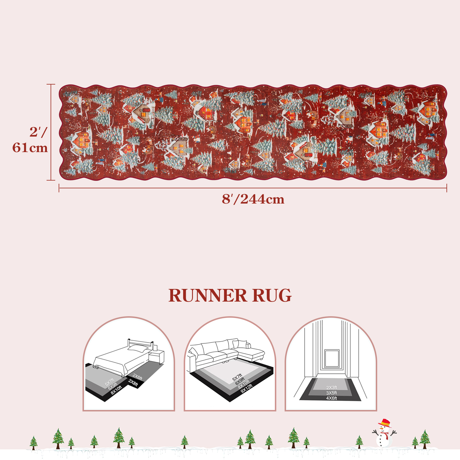 Wonnitar Christmas Runner Rug for Hallway, 2x8 Red Kitchen Rug Washable Non Slip, Soft Ultra-Thin Christmas Tree Santa Claus Holiday Decor Runner Carpet for Entrance Bedside