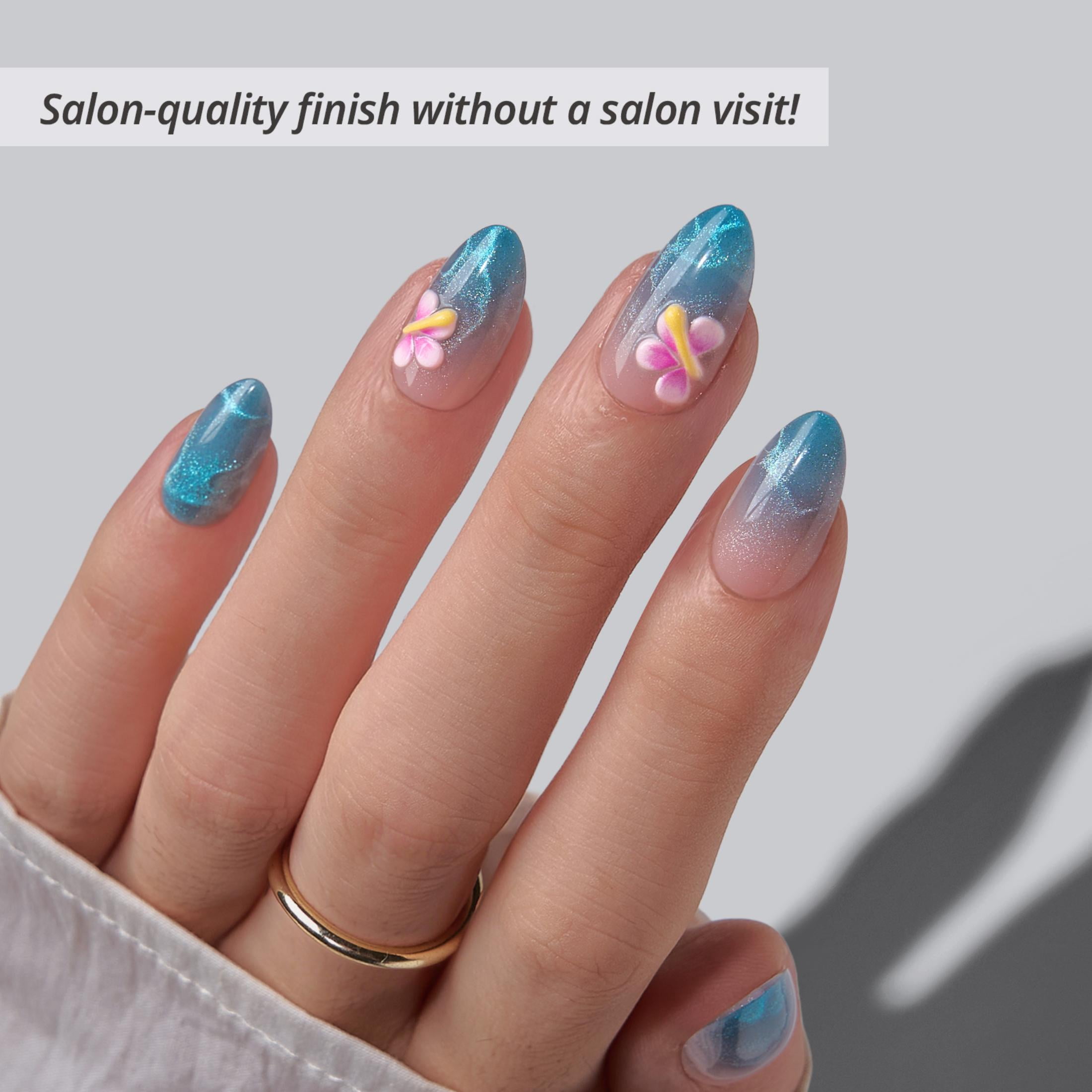 BTArtbox Press On Nails - Blue Holiday, Short Almond, 2-Week Wear, Easy-to-Apply, 32 Count All-in-One Kit