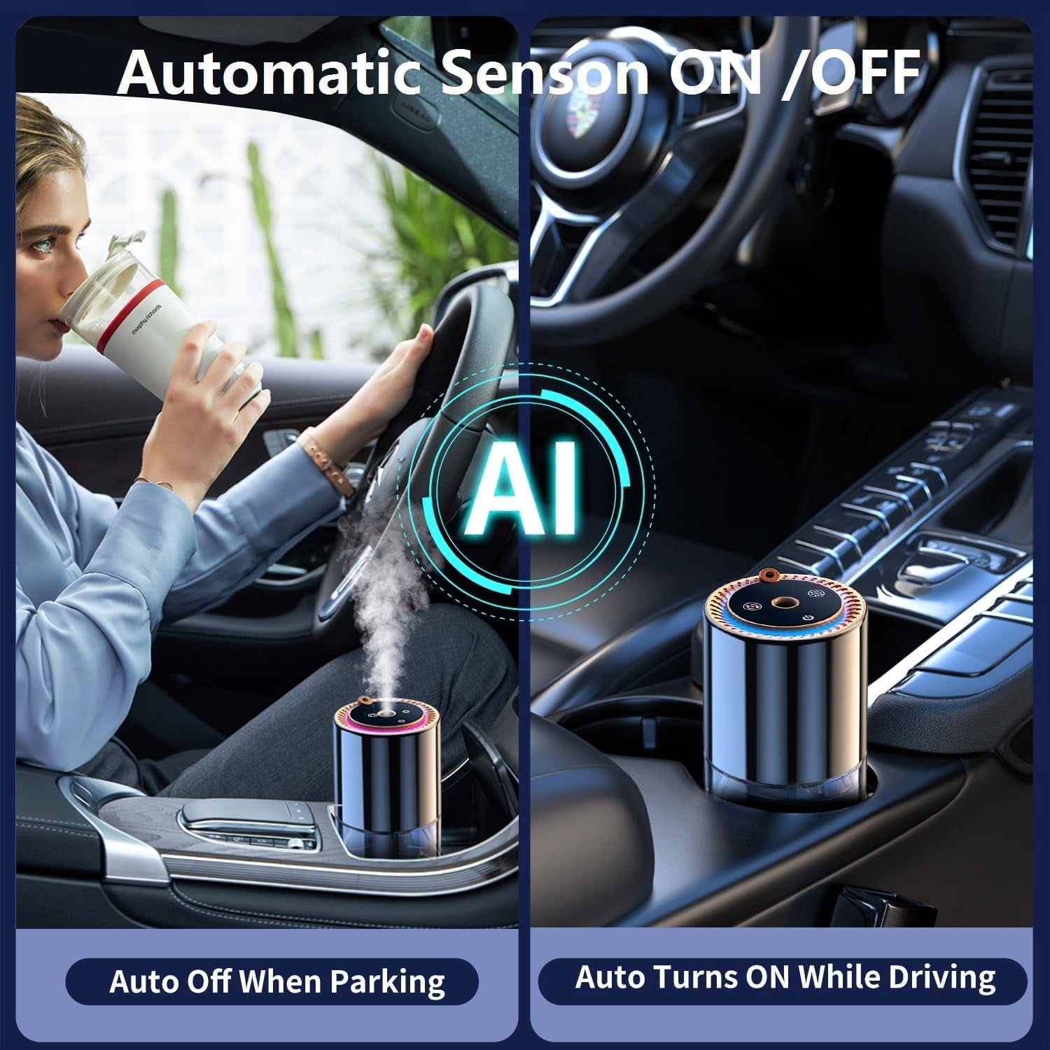 Car Diffuser,Smart Car Air Freshener, Essential Oils Atomizer,Mini Humidifier,Car Diffuser with Star Projector and Flame Ambient Mood Light,3 Mode Adjustable Auto On/Off