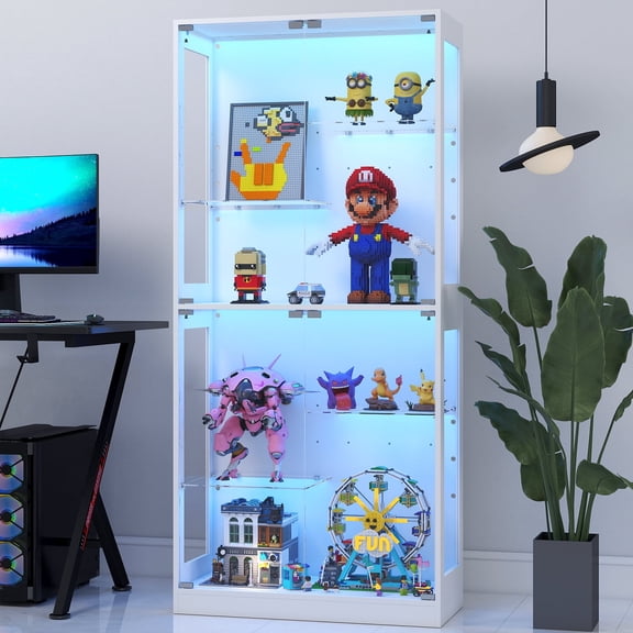 Anrist Display Cabinet with RGB LED Lights & Tempered Glass Doors, 5-Tier Tall Curio Cabinet, White