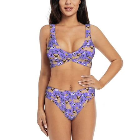 Zeuib Pugs and Flowers High Waisted Tummy Control Bikini Set - Knot Front Push Up Top & Cheeky Thong Bottom  Two-Piece Swimsuit for Women-Small