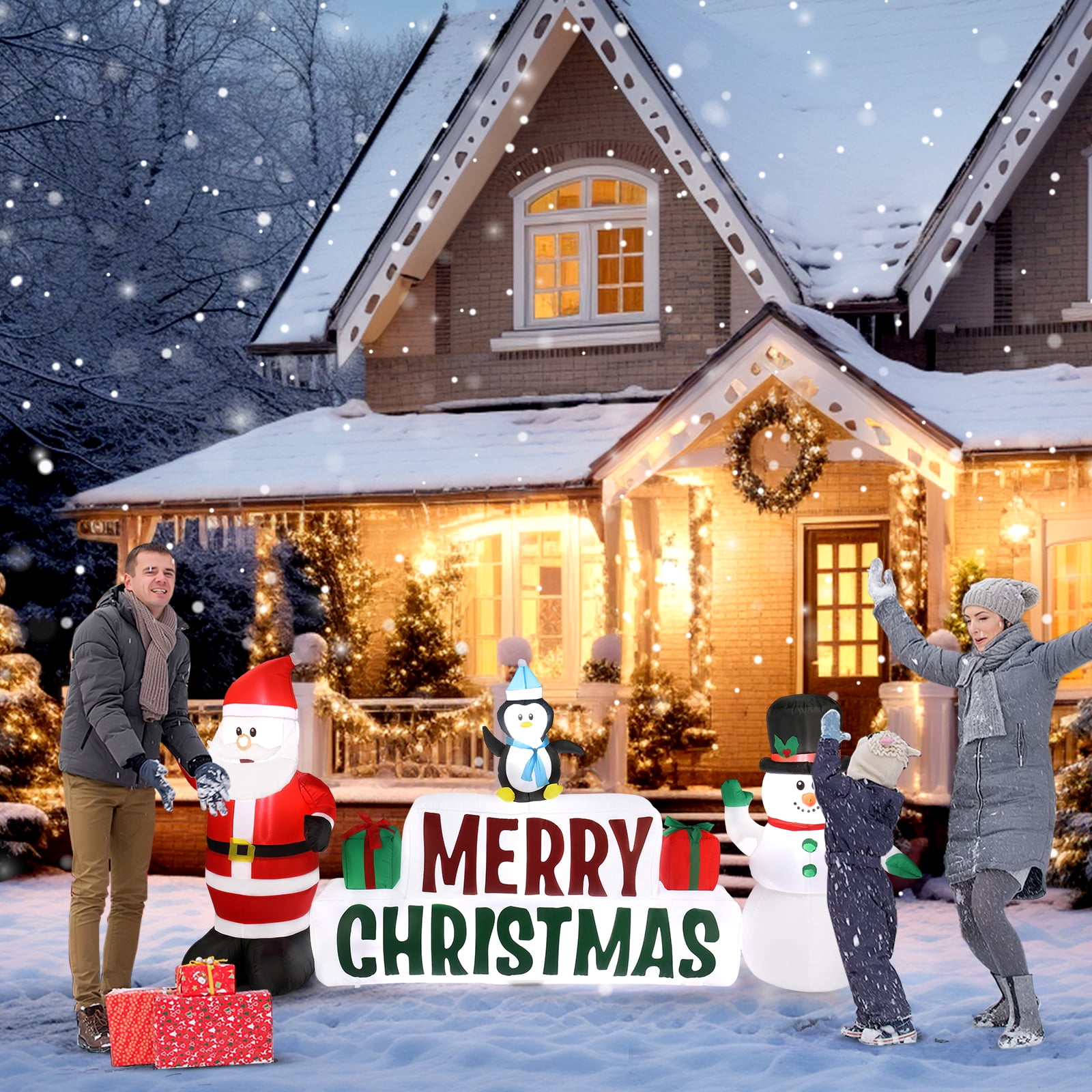 Christmas Inflatable Santa and Snowman Holding Merry Christmas Sign