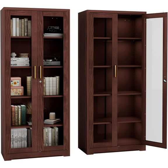 Display Cabinet with Glass Doors,71" Metal Curio Cabinets with 4 Adjustable Shelves, 5 Tier Display Case for Collectibles, Metal Storage Cabinet, Brown