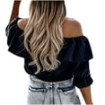 thumbnail image 4 of iHengLiXing Boat Neck Off Shoulder Tops for Women Women Fashion Ruffled Loose Color Short Sleeved Off Shoulder Casual Tops Black M, 4 of 7