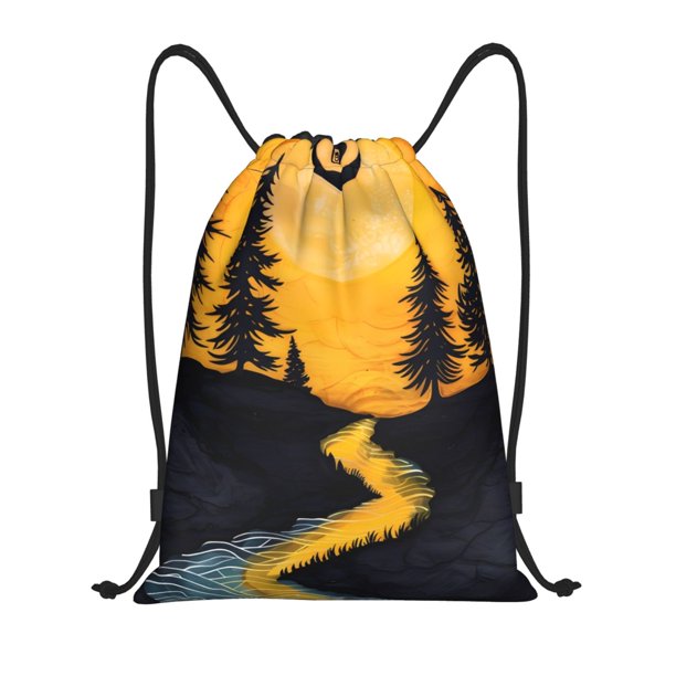 Fotbe Sunset River Pine Trees Bolsa Mochila con Cordón Estampada, Bolsa de Gimnasio Deportiva, Bolsa Cinch, Bolsa con Cordón para Hombres y Mujeres-Small
