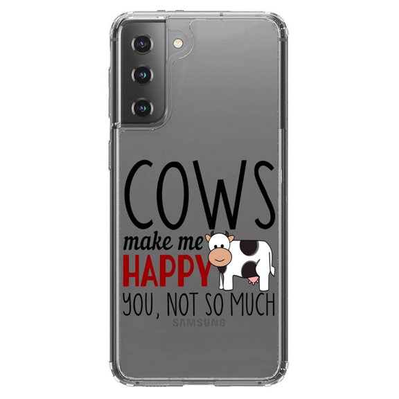 DistinctInk Clear Shockproof Hybrid Case for Galaxy S21  PLUS 5G (6.7" Screen) - TPU Bumper Acrylic Back Tempered Glass Screen Protector - Cows Make Me Happy You Not So Much