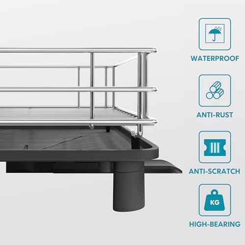 Stainless Steel Dish Drainers Drying Rack for Kitchen Counter with Automatic Drainage, 1 Tier Rust Proof Metal, Space Saving, Modern Aesthetic, Compact Plates Strainers,Gray