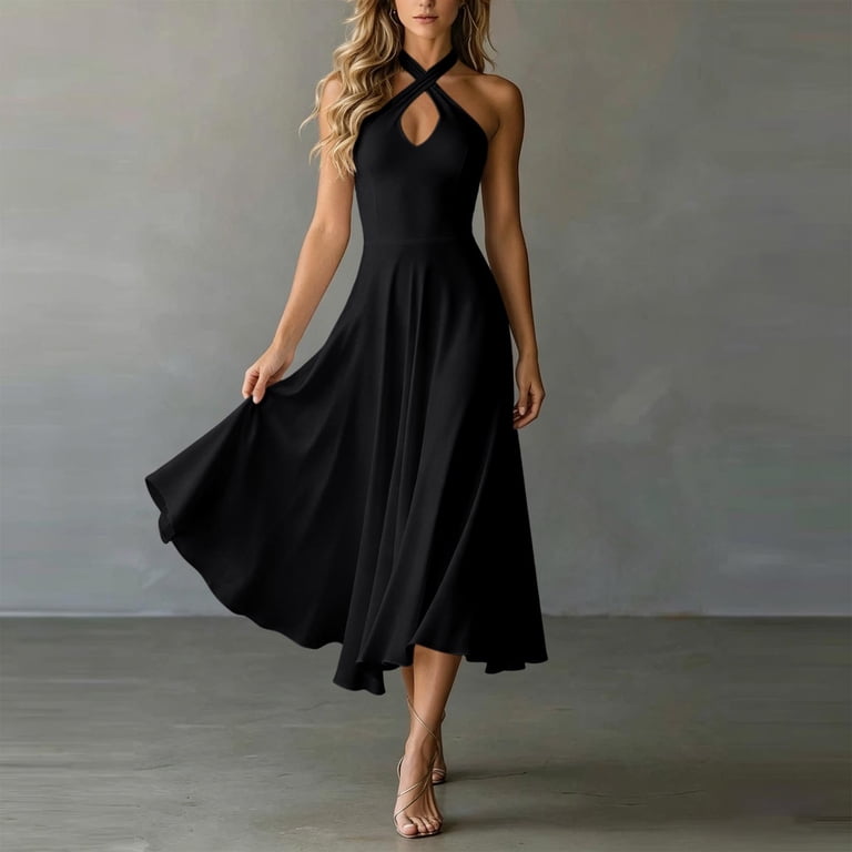 Women's Halter Dresses Keyhole Crisscross Swing Midi Dress Elegant Wedding  Guest Party Summer Dress Black S - Walmart.com
