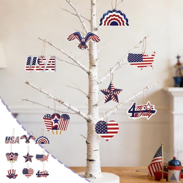 Decoraciones colgantes de madera para el Día de la Independencia: juego de 9 piezas con motivos clásicos en rojo, blanco y azul. Accesorios festivos para fiestas, porche, sala de estar y mesa d