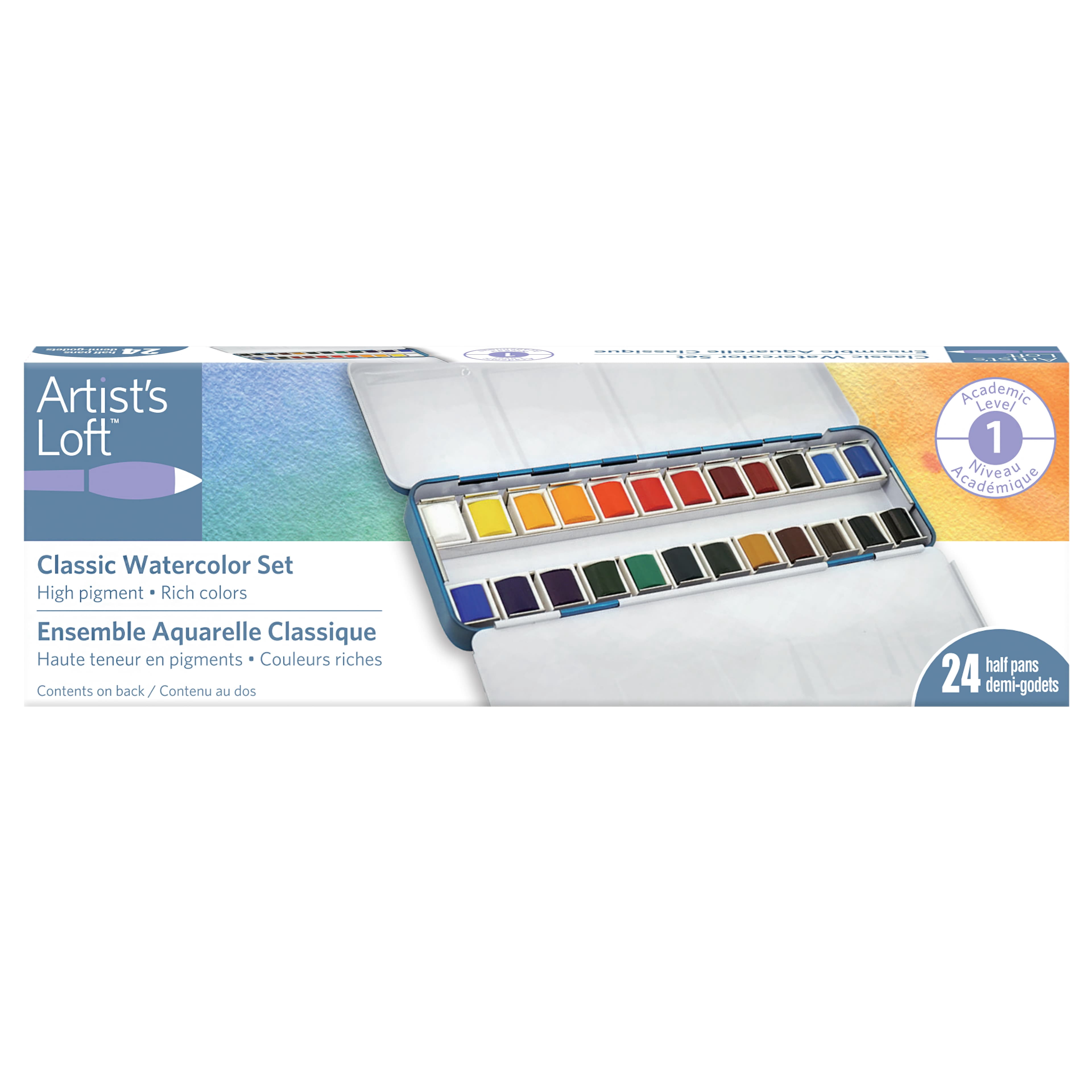 24 Half Pans Classic Watercolor Set by Artist's Loft - Highly Pigmented Colors in Metal Tins – Ideal for Watercolor Painting - Mixed Media - and Travel - 6 Pack