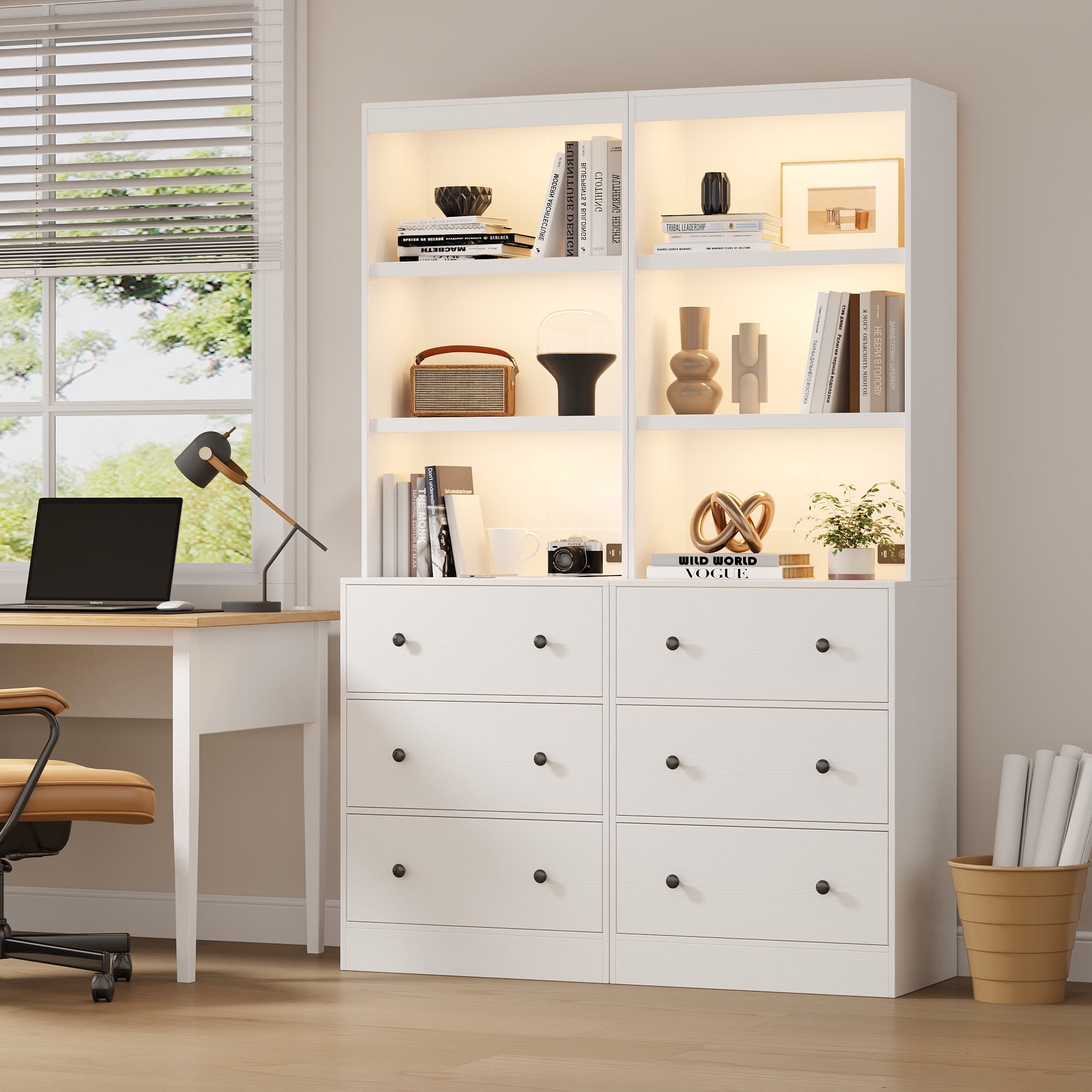 NEGYLIM 71" Bookcase with Drawers & Shelves, Wooden Bookshelf with Charging Station & Adjustable LED Lights, Anti-tipping Design for Living Room Home Office, White