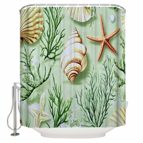 Sage Green Coastal Shower Curtains for Bathroom Waterproof Fabric Bath Curtains Decor Bath Tub Curtain Summer Ocean Seaweed Shell Decorative Shower Curtain Sets with 12 Hooks, 72x72 Inch