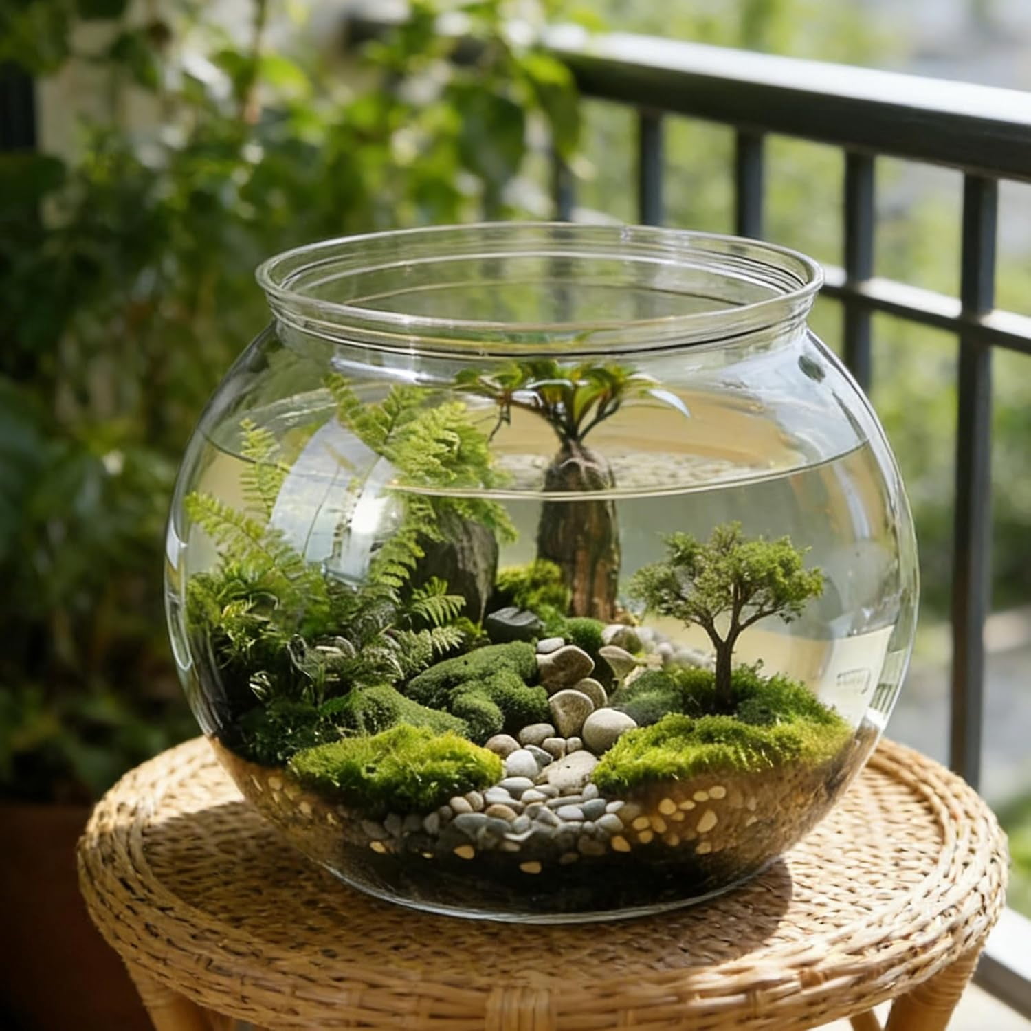 Plastic Goldfish Fish Bowl Drum Round Crystal Clear Aquarium Fish Tank Starter Kits with 1 Artificial Aquatic Plant and 1 Bag Mini Ornamental Stones (0.72Gallon/ 2.75L)